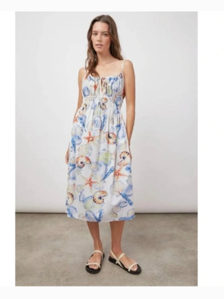 Rails Octavia White Seashell Print Midi Dress With Blue And Coral Accents Size S